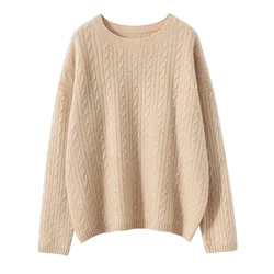 2024 Autumn Winter Women's 100% Cashmere Sweater O-Neck Thicken Warm Pullover Female Loose Large Size Knitted Jumper Ladies Tops