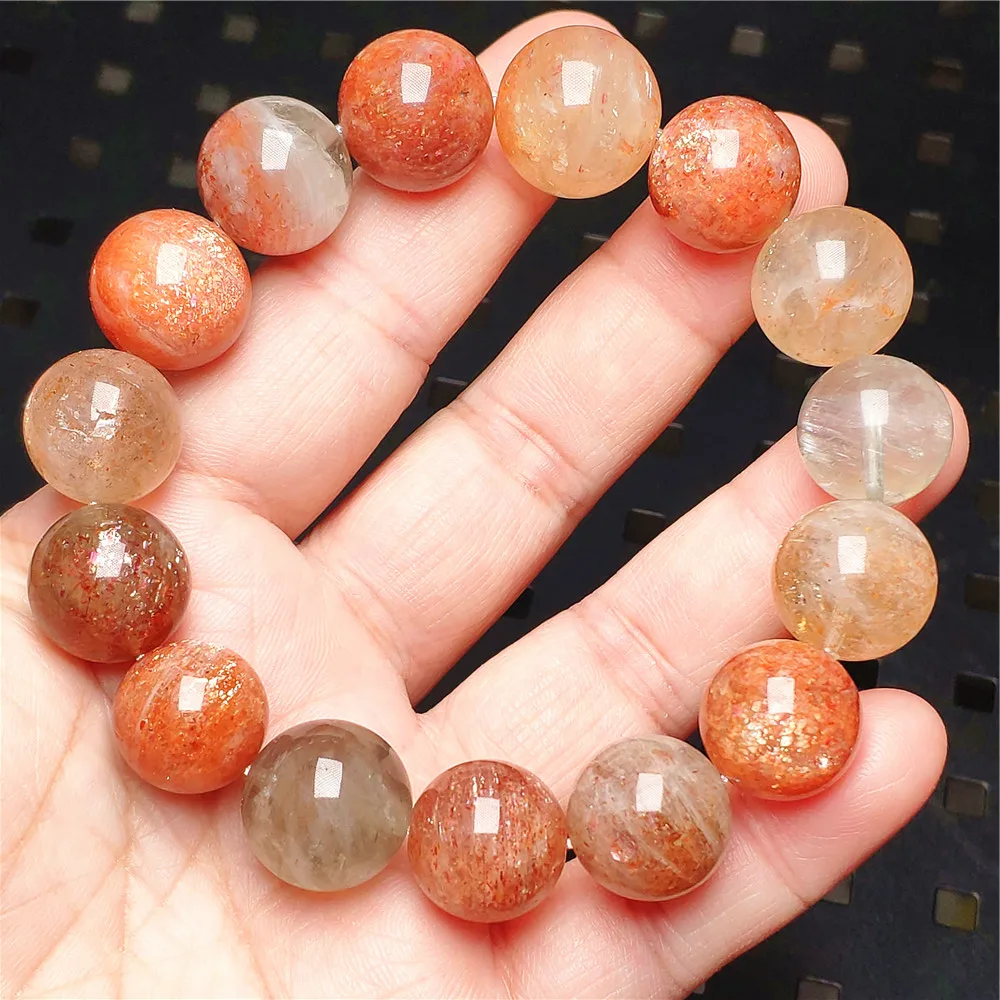 Natural Red Orange Sunstone Arusha Strawberry Bracelet 14.8mm Orange Clear Beads Crystal Women Men AAAAAA
