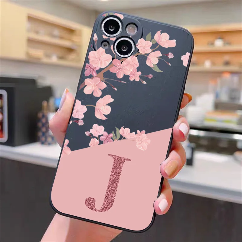 Pink Flower Letter J To R Phone Case For iPhone16 15 14 13 12 Mini 11 Pro Max XS X XR 7 8 Plus Silicone Shockproof Back Cover