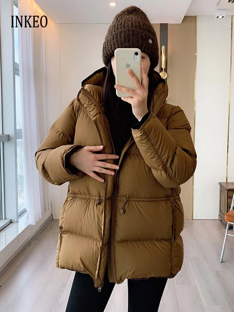 

Luxury Women's adjustable waist down jacket 2024 Winter Fashion Hooded puffer coat warm Fluffy 95% white duck down INKEO DJ011