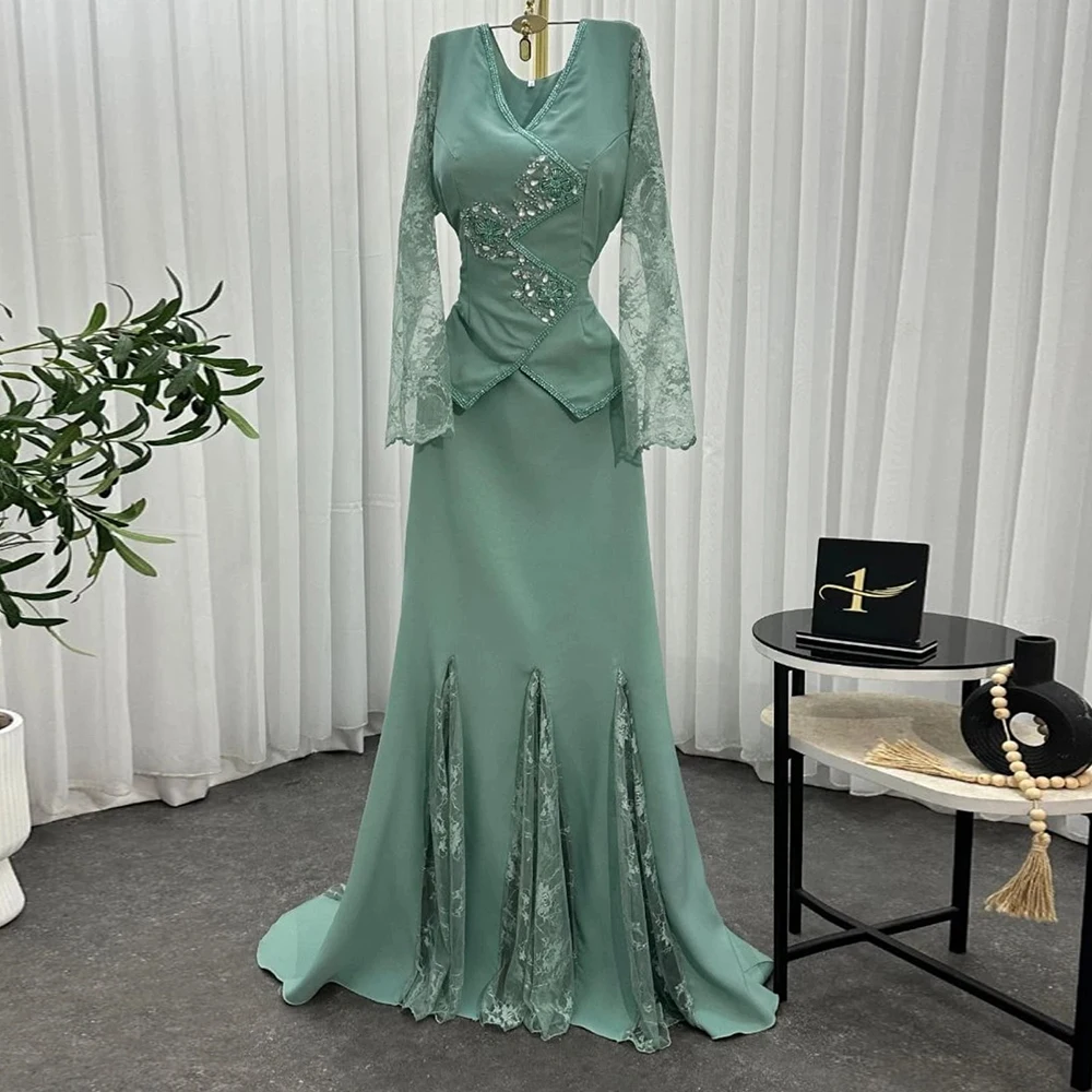 

Customized Mermaid Evening Dresses Floor-length V-neck Full Sleeve Prom Gown Fashion Crystal Beading Lace Draped Party Gown