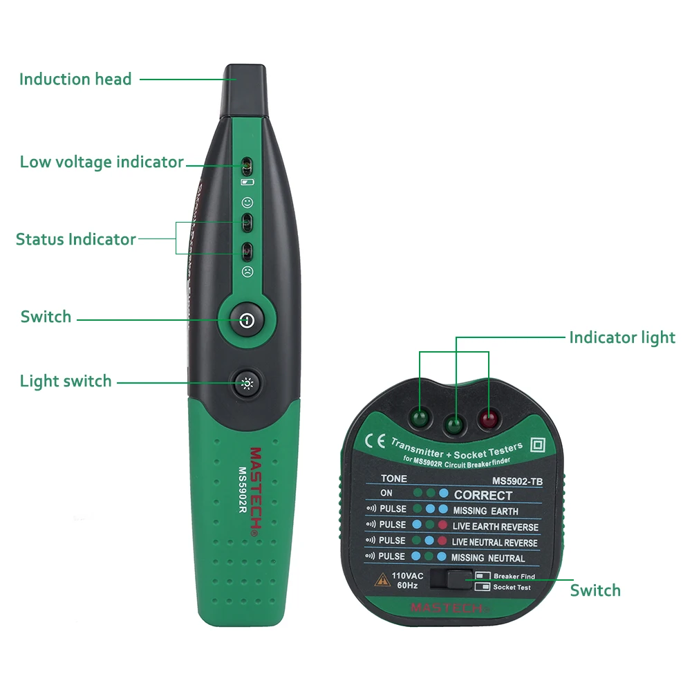 MASTECH MS5902 automatyczny wyłącznik automatyczny tester gniazda bezpiecznika UE USA 220 V/110 V specyfikacja z latarką tester obwodu