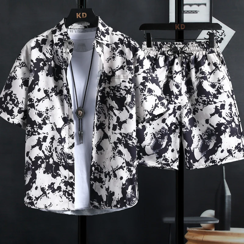 New sets of men\'s printed shirts, trendy high quality shorts, Hawaiian style casual floral tops, INS HOT men and women