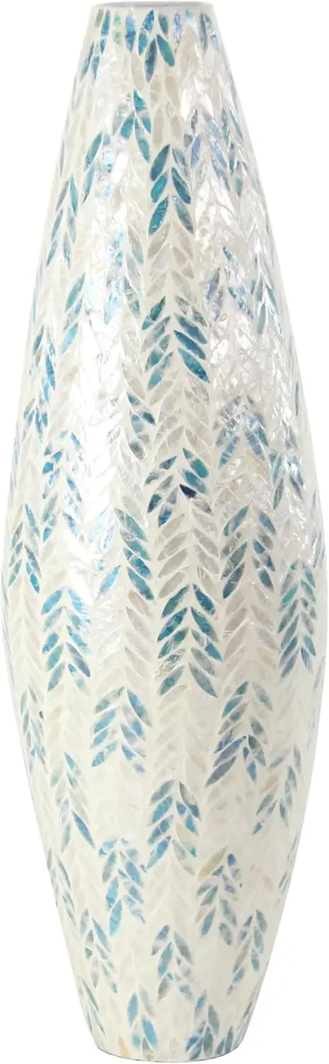 

Deco 79 Mother Of Pearl Shell Handmade Decorative Vase Tall Mosaic Centerpiece Vase With Blue Accents, Flower Vase For Home