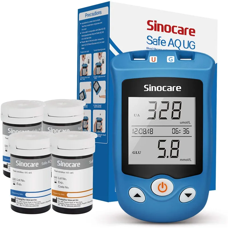 SINOCARE 2-IN-1 Safe AQ UG Harnsäure- & Blutzuckermessgerät mit UG-Säure-/Blutzuckerteststreifen für schnellen Test bei Gichtpatienten