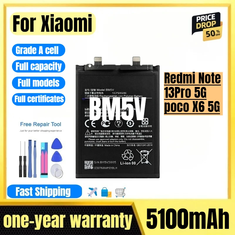 

BM5V for Xiaomi Redmi Note 13Pro 5G/poco X6 5G Phone Battery High Quality High Capacity Replacement Bateria Grade A with Tools