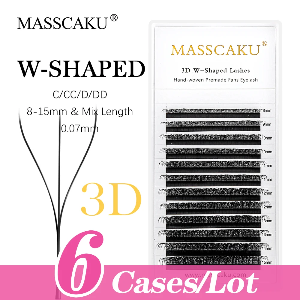 

MASSCAKU 6case/lot W lashes 0.07 thickness 3D premade volume fans eyelash extension supplies c/d curl soft faux mink eyelashes