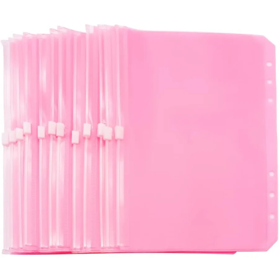 

Pink A5 Binder Pockets 12pcs Zipper Cash Envelopes Pouch Loose Leaf Bags 6 Holes PVC Zip Organizer Folder for Planner Jourl Bud
