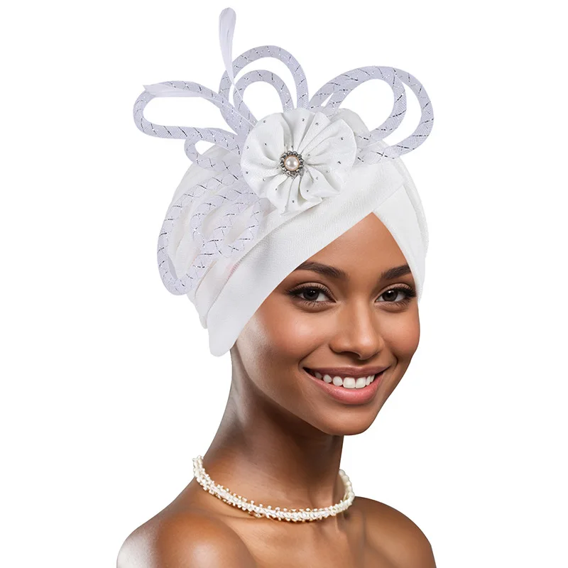 New Feather Flower Turban Cap for Women African Head Wrap Wedding Party Headwear Muslim Hijab Bonnet Headscarf Turbante Mujer