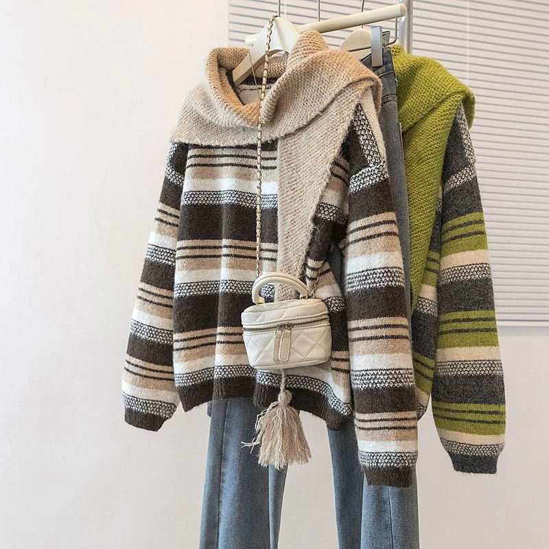 일본식 스트라이프 니트 스웨터 여성용 달콤한 레이지 스타일 스카프 가을 겨울 풀오버 프레피 루즈 캐주얼 O넥 니트웨어 점퍼