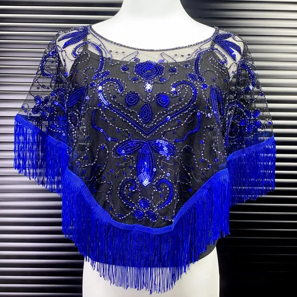 Fashion Sequin Bead Women Tulle Shawl With Tassel Hollow Sling Slim V-neck Multicolored Evening Prom Cape Wedding Accessories