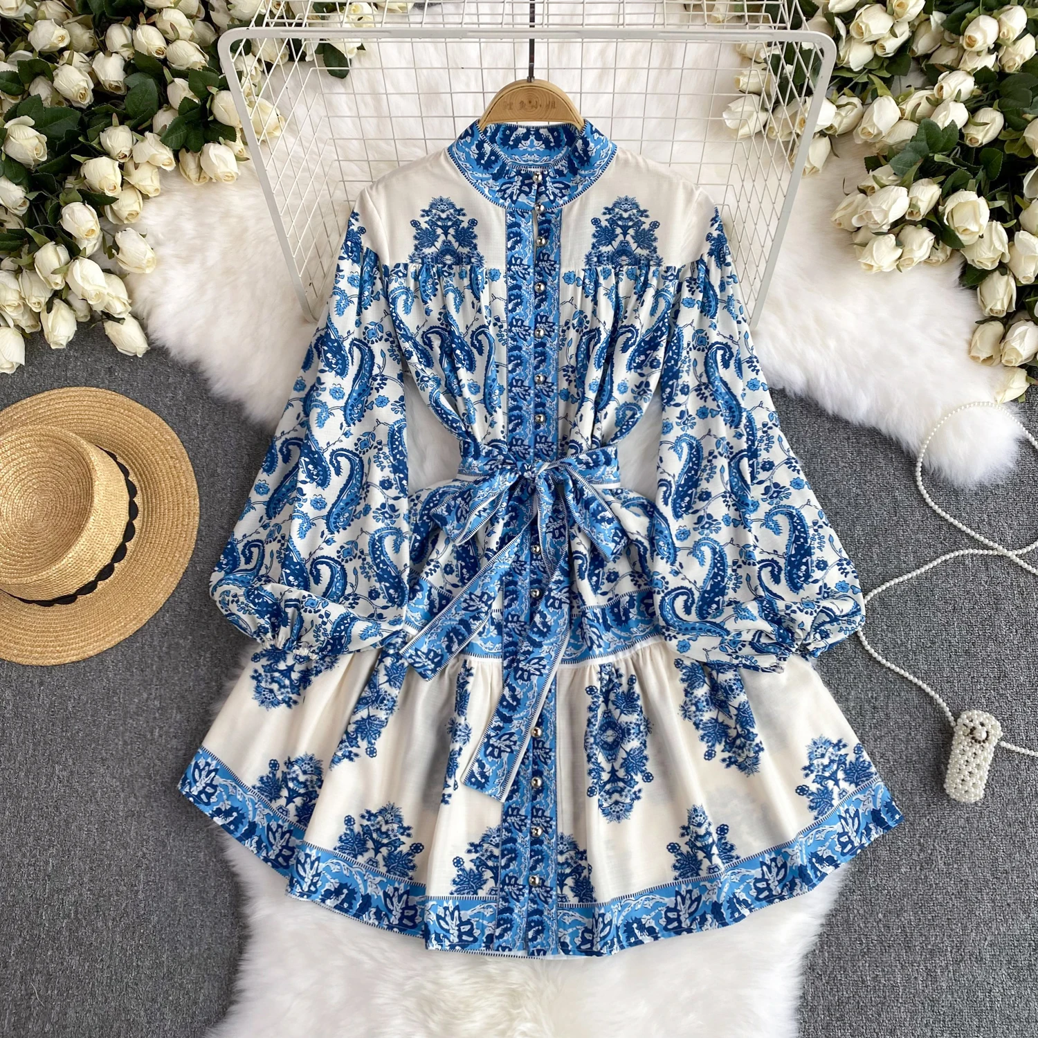 

ALPHALMODA 2024 New Retro Stand Collar Lantern Sleeves Belted Printed Ruffle Women Vintage Dress Spring Floral Shirt Dress