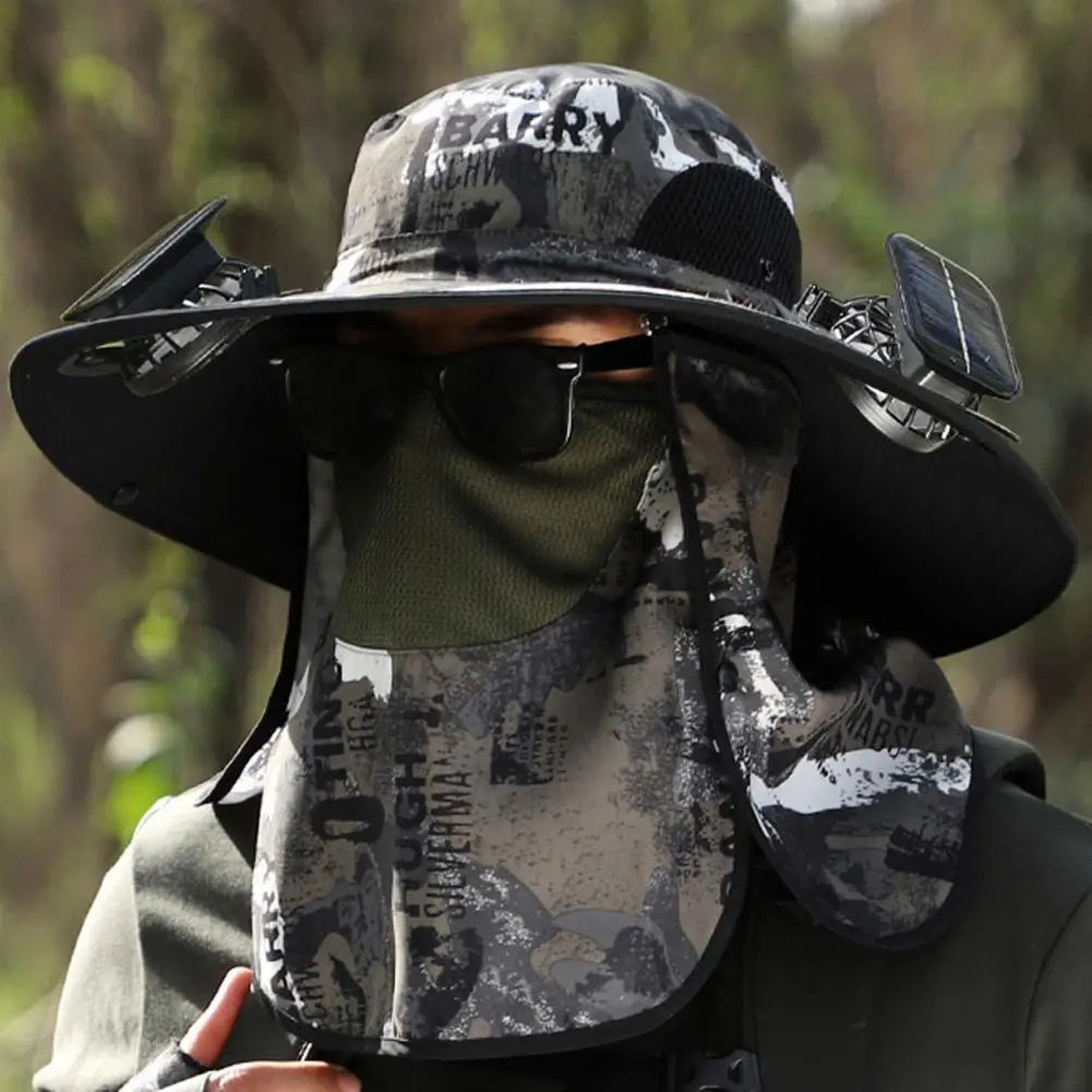 Solar Fan Hat with Neck Flap Face Guard Wide Brim UV Cooling Fan Fishing Hat Rechargeable Foldable Men Hiking Sun Hat
