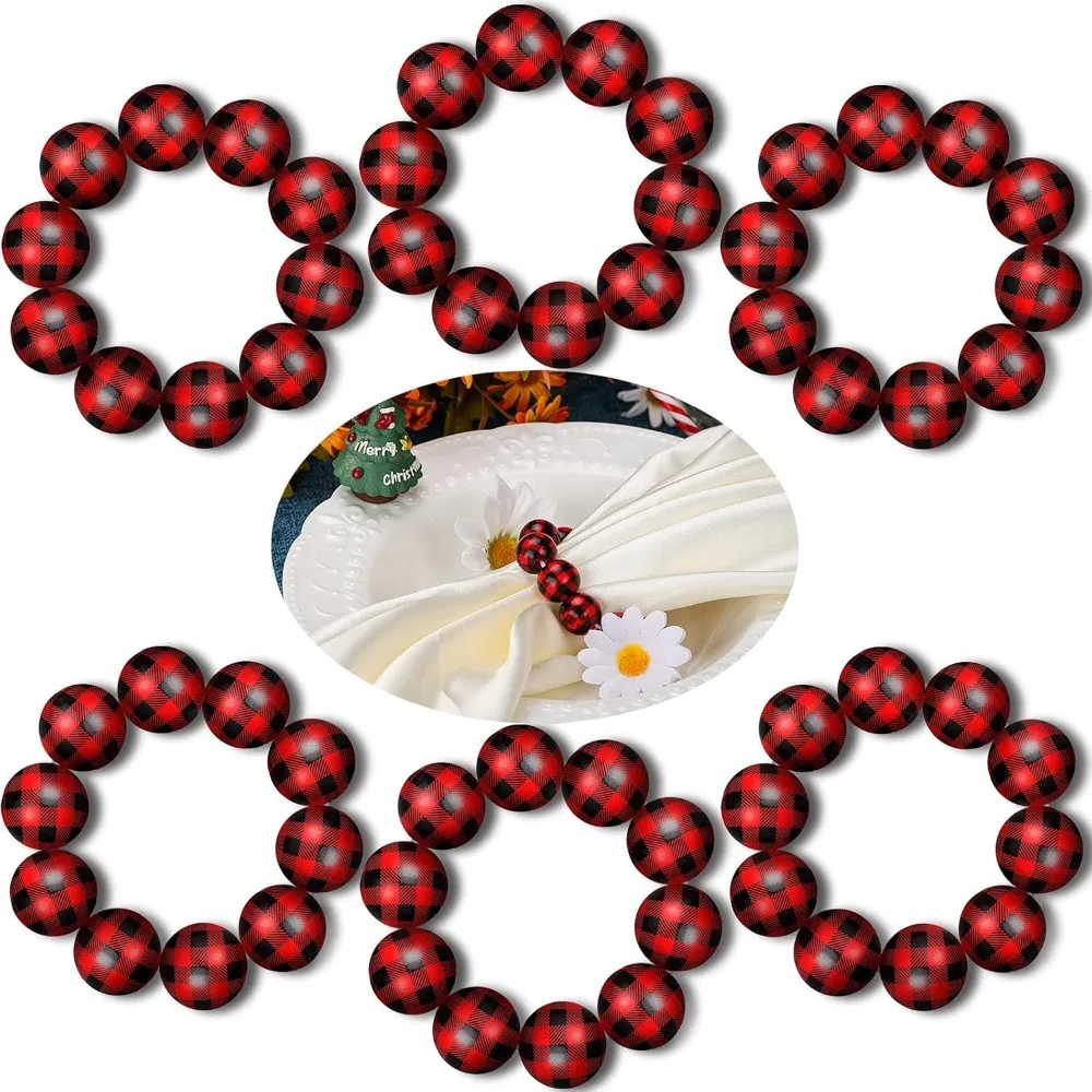 

6-компонентные рождественские деревянные кольца для салфеток в клетку буйвола, кольца для салфеток из бисера, деревенские держатели для салфеток в фермерском доме, деревянные настройки стола, сон