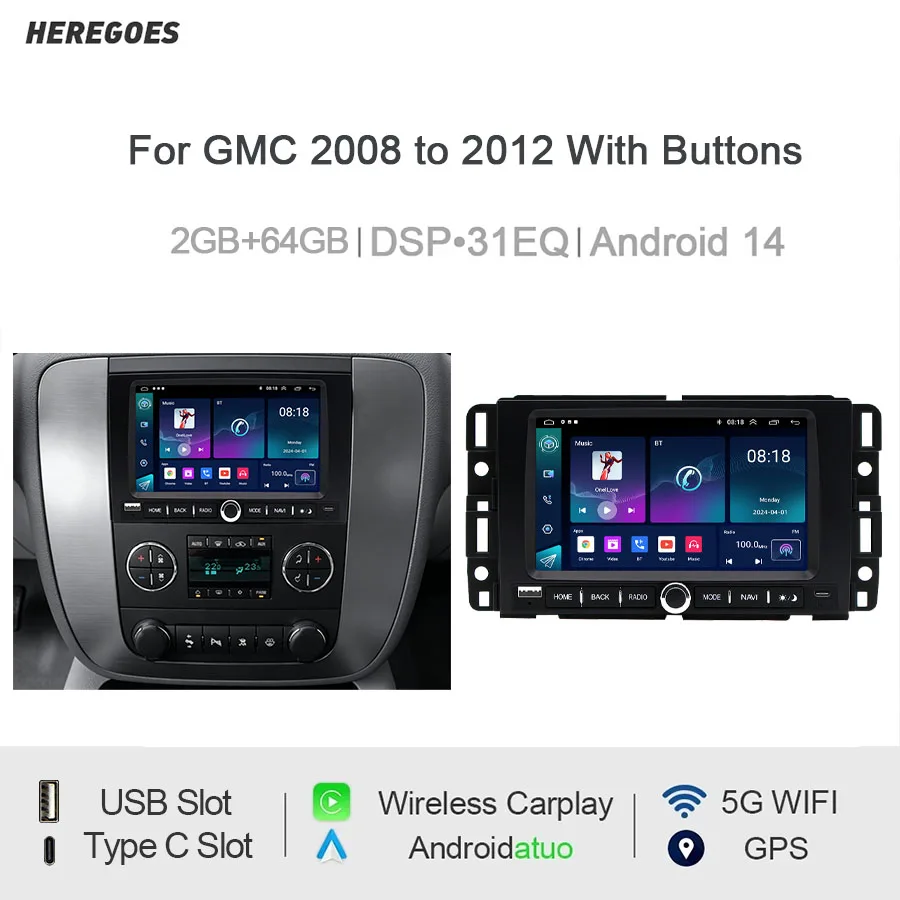 7“Android Car Radio For GMC 2008 to 2012  With Buttons Wireless CarPlay Android Auto GPS Nav Bluetooth Steering Control