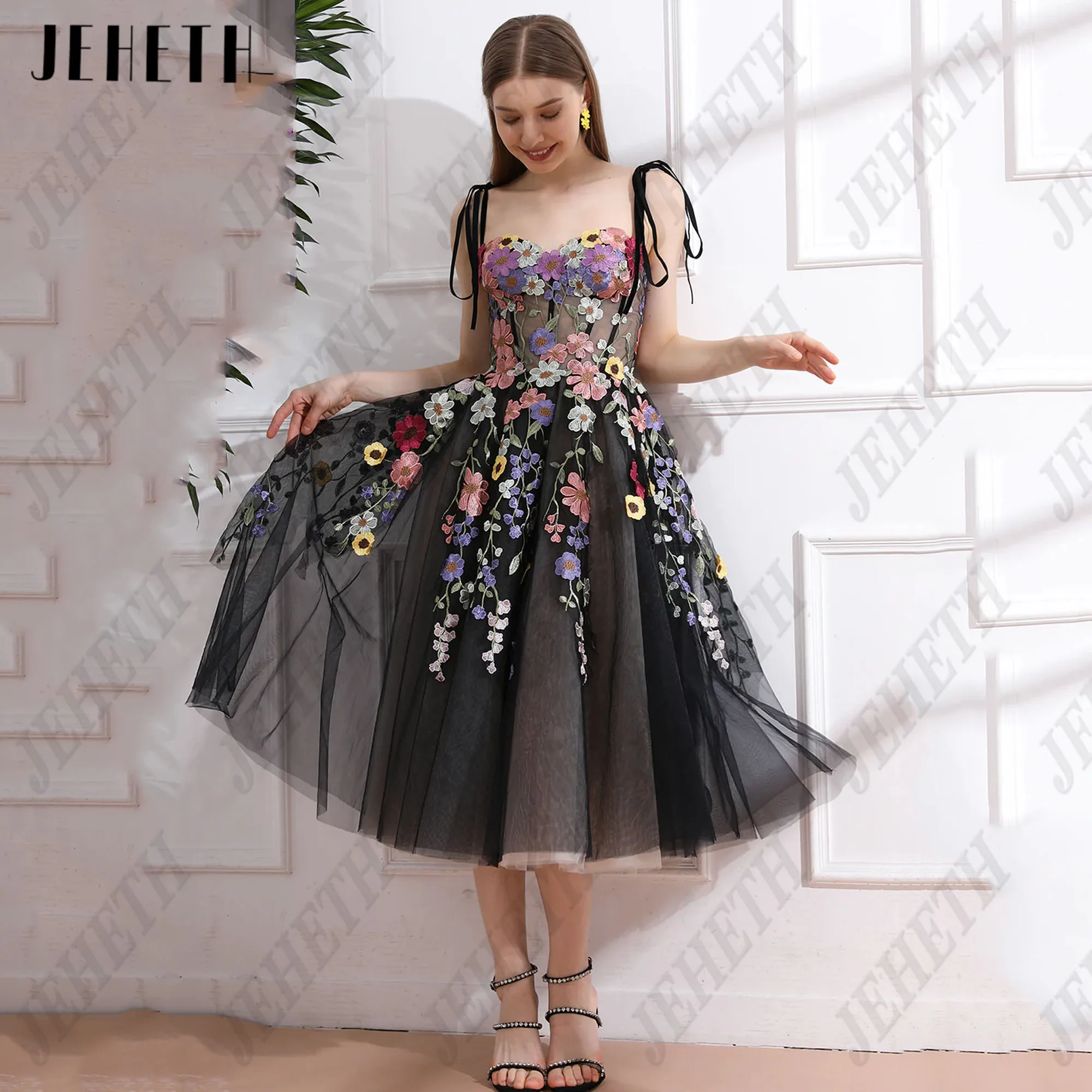 JEHETH Flowers Sweetheart Prom Party Dresses Spagehtti Straps A-Line Floral Print Formal Occasions Dress Tea-Length Lace Up