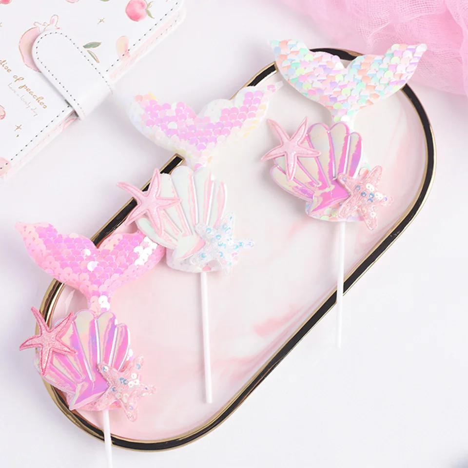 3pcs Mermaid Tail Sequin Cake Topper Muffin Cupcake Toppers for Mermaid Themed Wedding Supply Birthday Party Cake Decorations