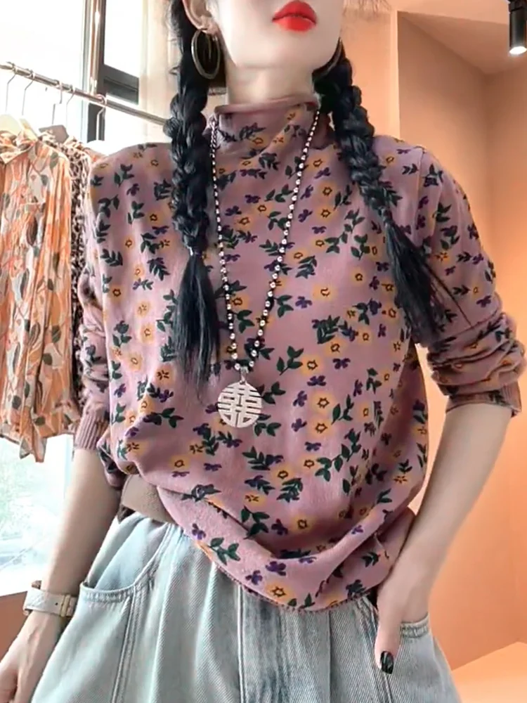 

Ele Floral Print f High Collar Women's Top plus Size Versatile Slimming Autumn New Sle Faionable Inner Wear