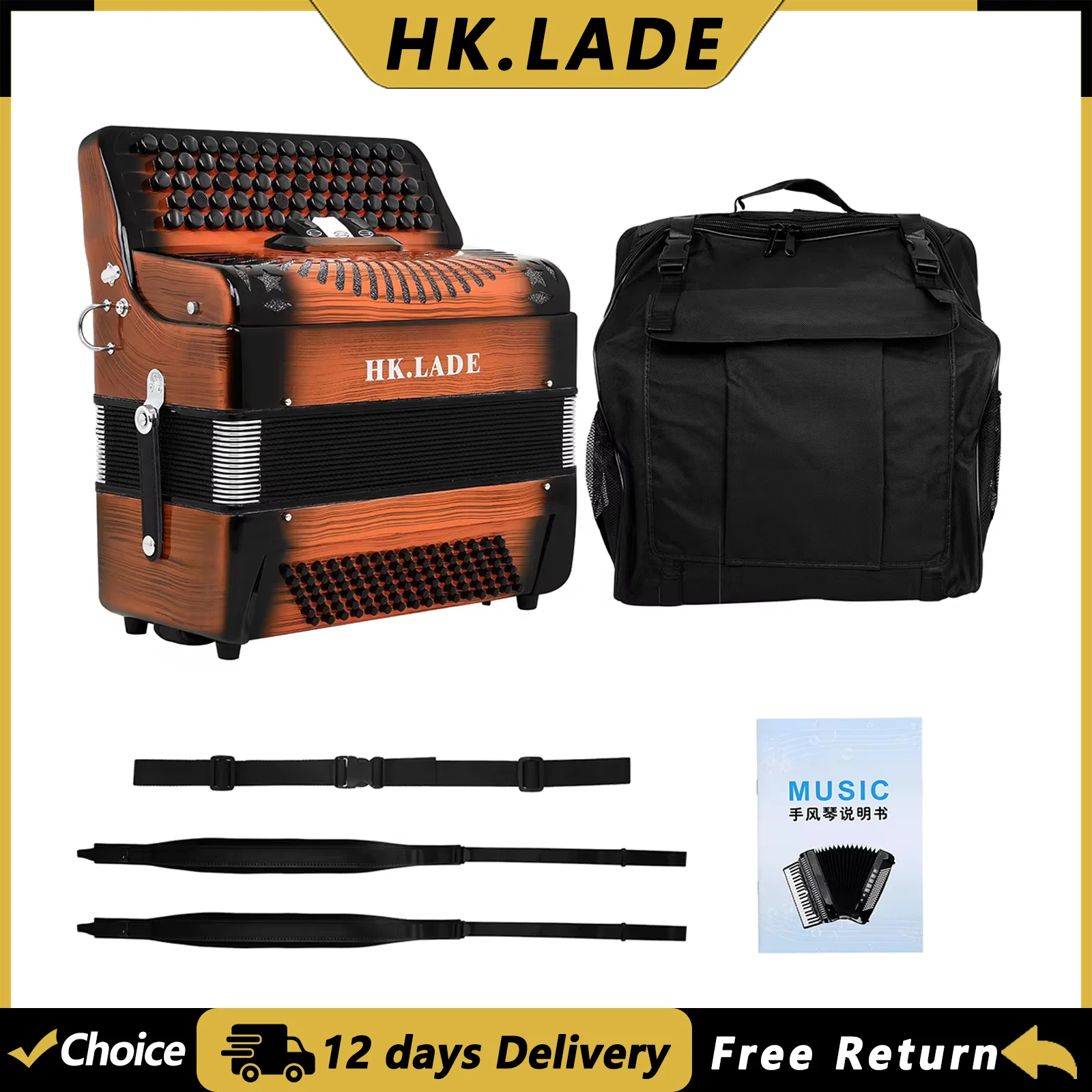 HK.LADE AH-260 Multiple-voice Accordion 69 Keys 96 Bass Bayan Accordion with Bag Keyboard Instrument for Grading Performance