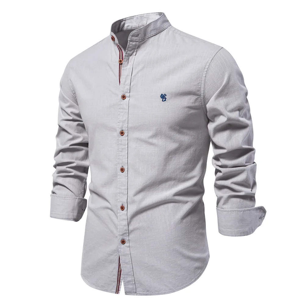 Autumn New 100% Cotton Social Shirt Men Solid Color Long Sleeve High Quality Shirt for Men Stand-up collar Casual Men\'s Shirts