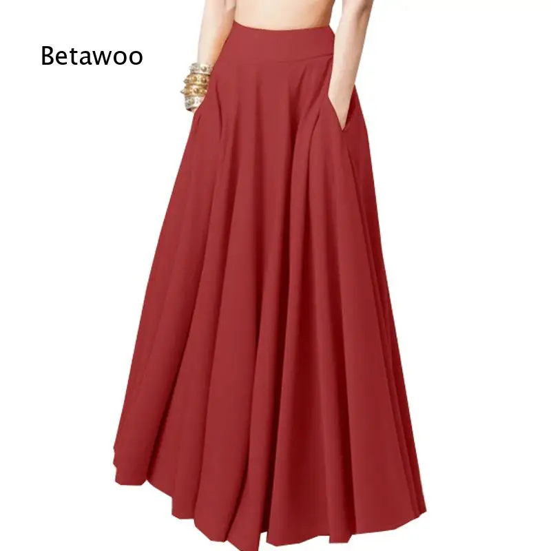 Solid Color Pleated Long Maxi Skirt Elastic Waist Casual Loose Fit Women Plus Size Swing Skirt For Daily Party Dating Wear