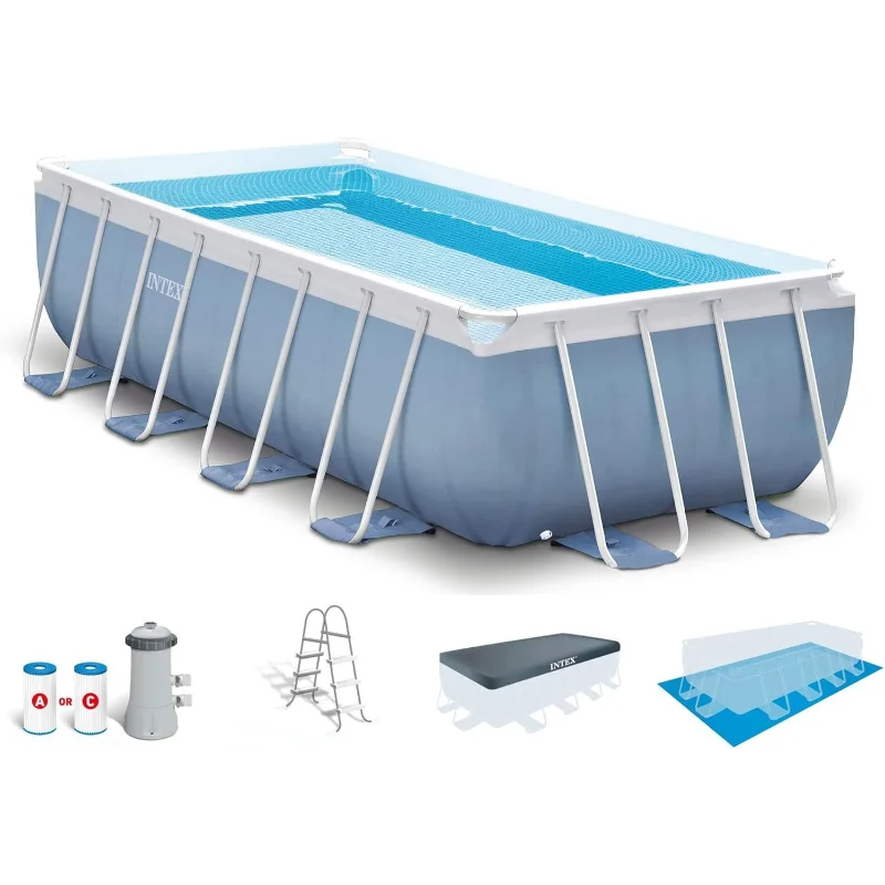Juego de piscina con estructura de prisma rectangular Intex de 16 pies x 8 pies x 42 pulgadas