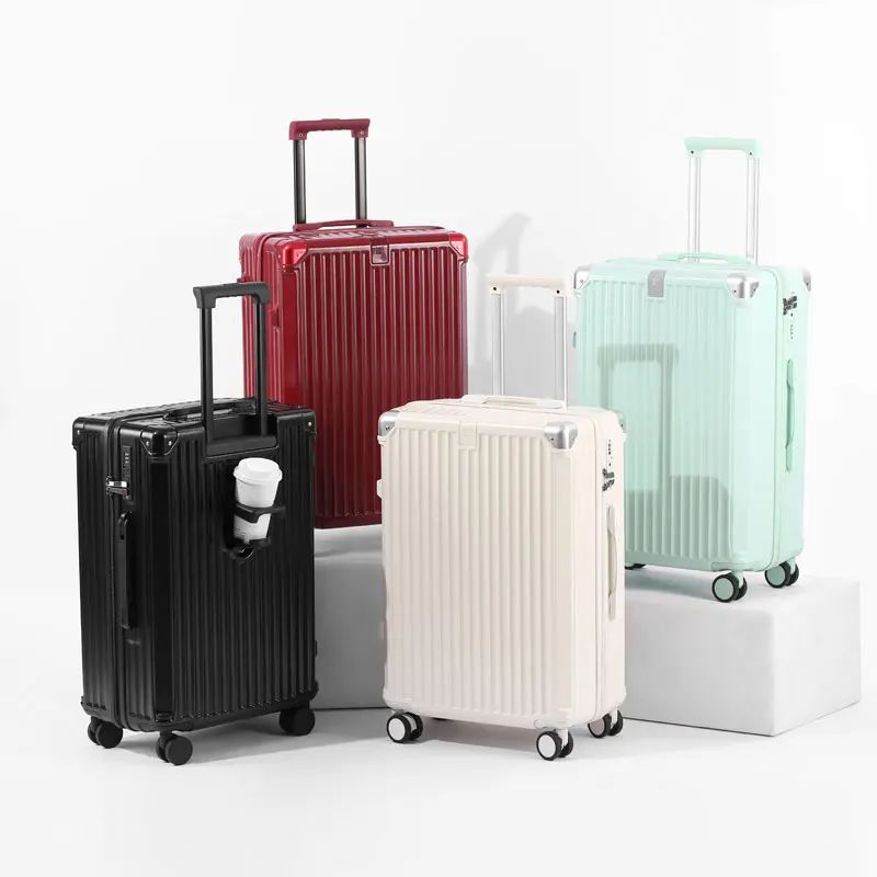 Zippered ABS+PC Suitcase Multi-Functional Large-Capacity Luggage Travel Case With Cup Holder Hook Rotating Wheel 20