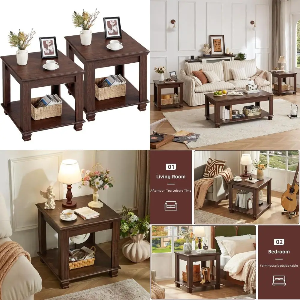 

2-Piece Rustic Brown Living Room End Table Set with 2-Tier Storage Shelves and Square Tea Table in Walnut Finish
