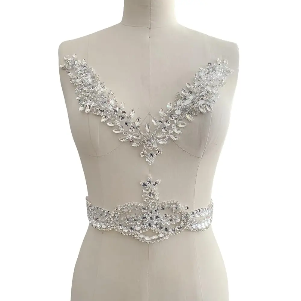 

GeRRiT Pure Handsewing Rhinestones Beads Applique for Dress Clothing Samll V Neckline and Waist Trim sew on Shining Crystal S