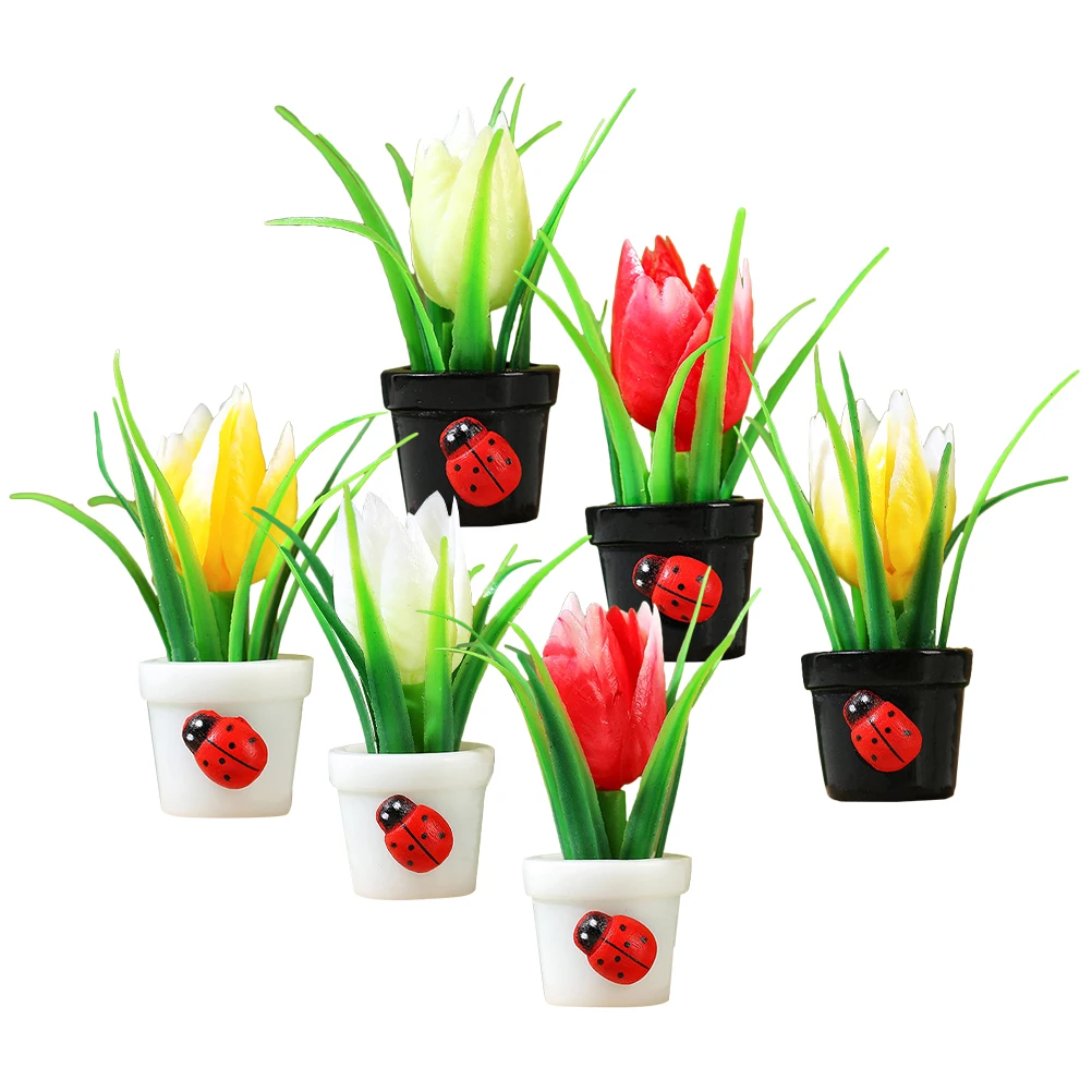 

6 Pcs Miniature Artificial Flowers Realistic Resin Potted Plants Decorative Indoor Tulips Landscape Accessories Tiny Dollhouse