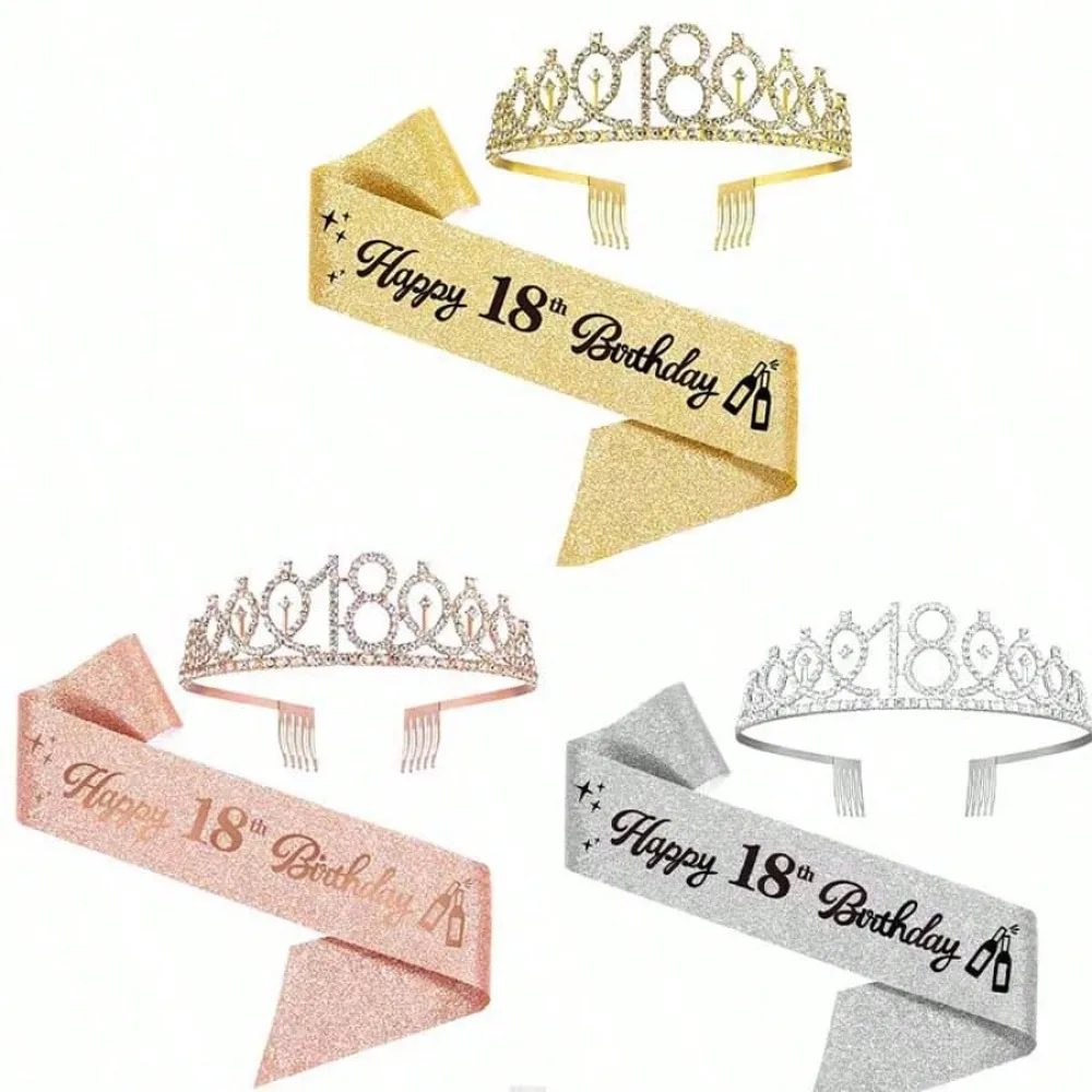 2Pcs 18th Birthday Tiara & Sash Set for Girls, 3 Colors Rhinestone Crown and Glitter Sash, Pefect for Birthday Party Gift