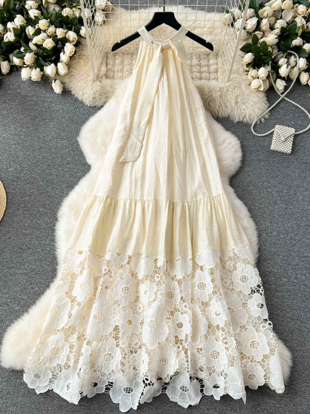 กระโปรงทรงเอเอไลน์เอวสูงสไตล์เกาหลี ผ้าลูกไม้ปักลายหรูหรา น้ำหนักเบา เหมาะสำหรับฤดูร้อน รุ่น Ele Neline Holiday Dr