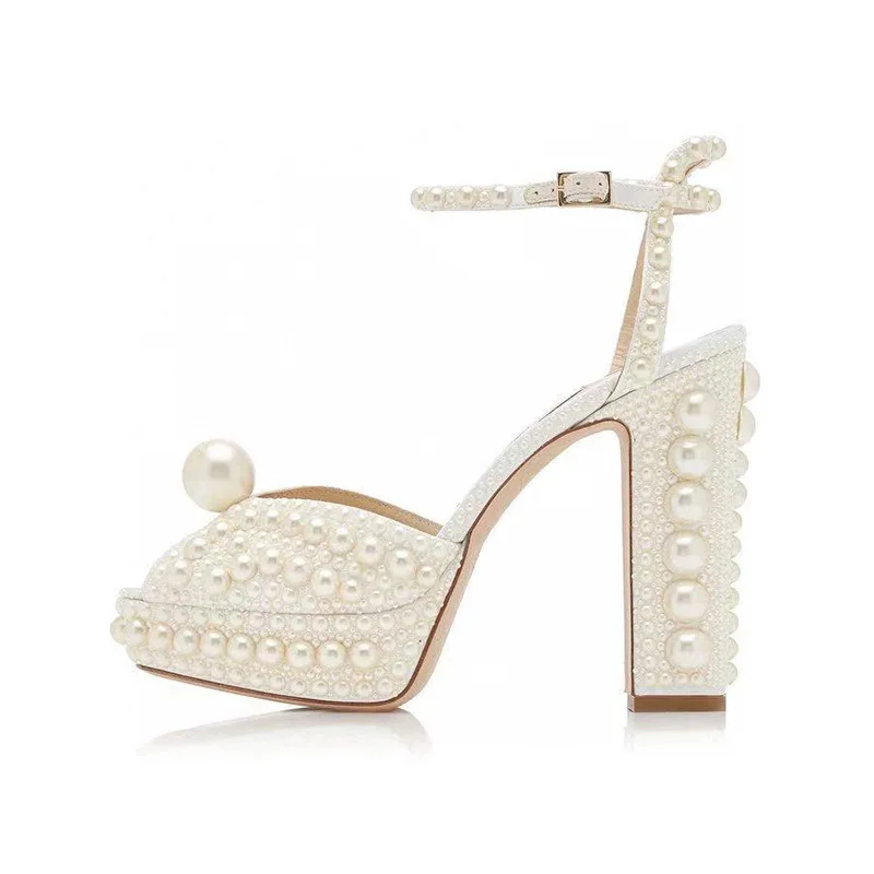 Super High Heel Women Wedding Shoes Beige Slingback Ankle Strap Slides Female Pearl Decor Crystal Sandals For Women