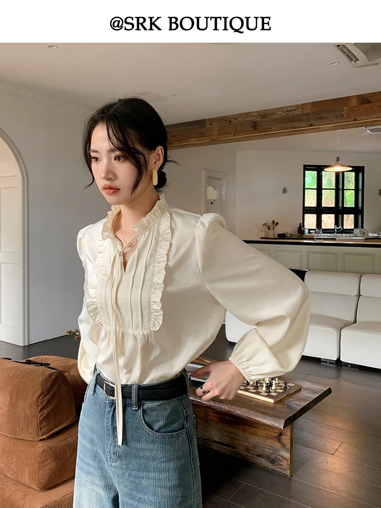 

Ele SRK Long Sve Stand Collar irt Women's Faion Design Sensation Earlet Top Polyester Fiber Non-Sinkage