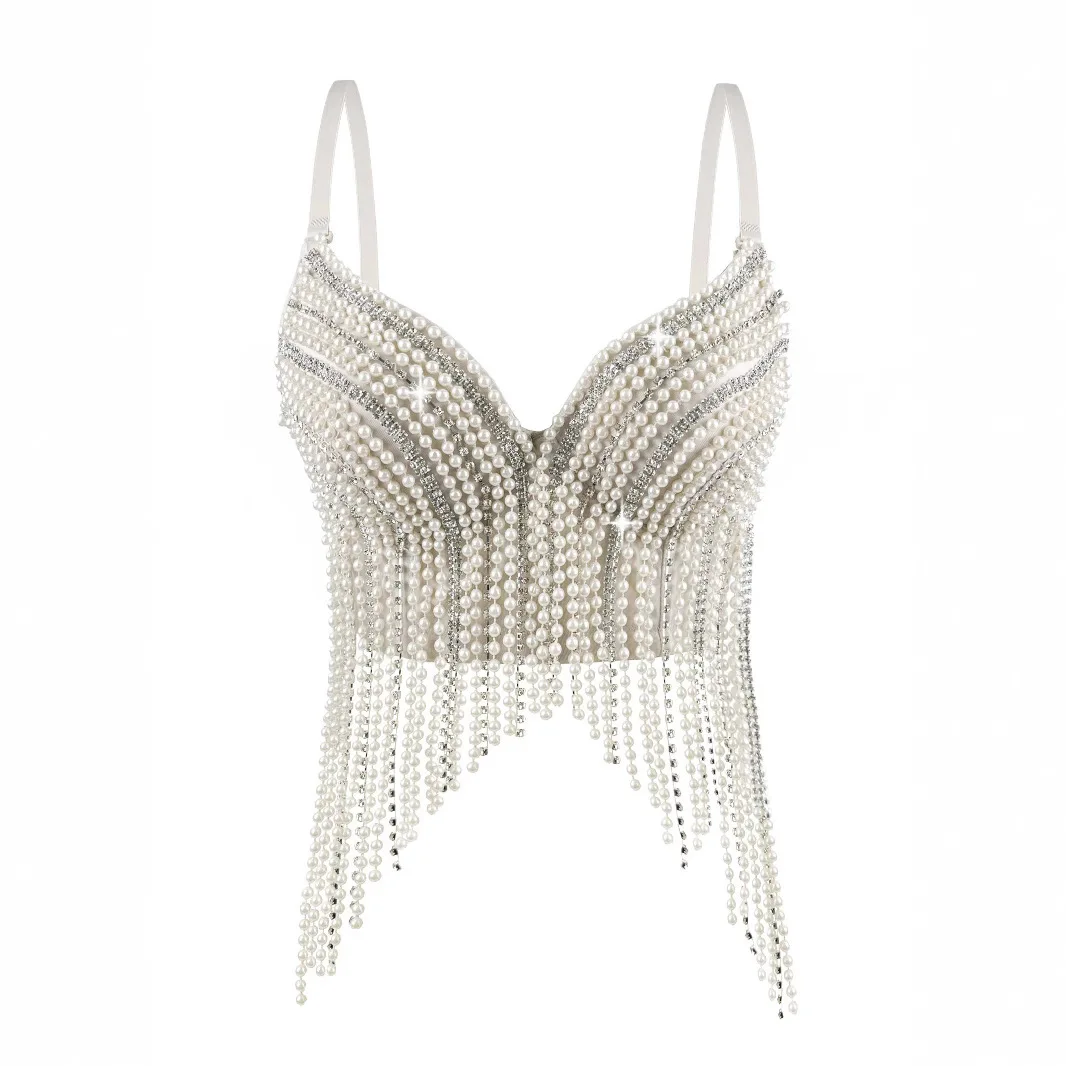 Cross-Border Summer New Pearl Diamond Chain Tassel Strap Top Stage Fishbone Bralette Outerwear Sexy Pure Desire