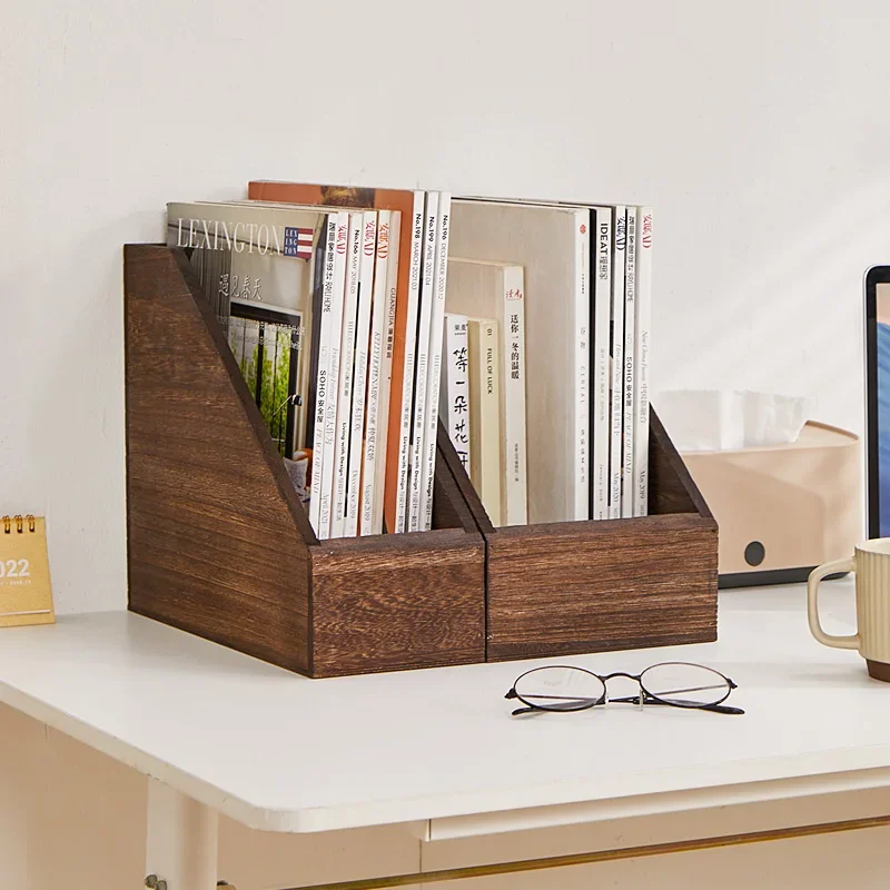 Vintage Wood Storage Box Vertical Office File Organizer Classification Combination Magazine Rack Space-Saving Desktop Organizer