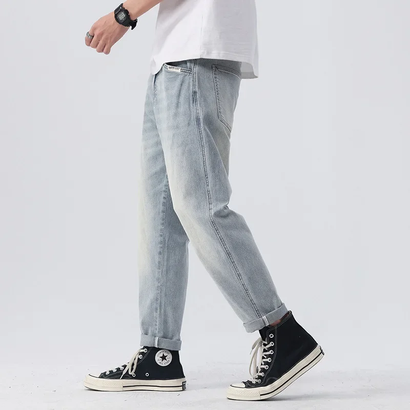 Washed Distressed Jeans for Men Japanese Vintage Stretch Denim Pants Men Simple Trousers Loose Casual Micro Harem Baggy Pants