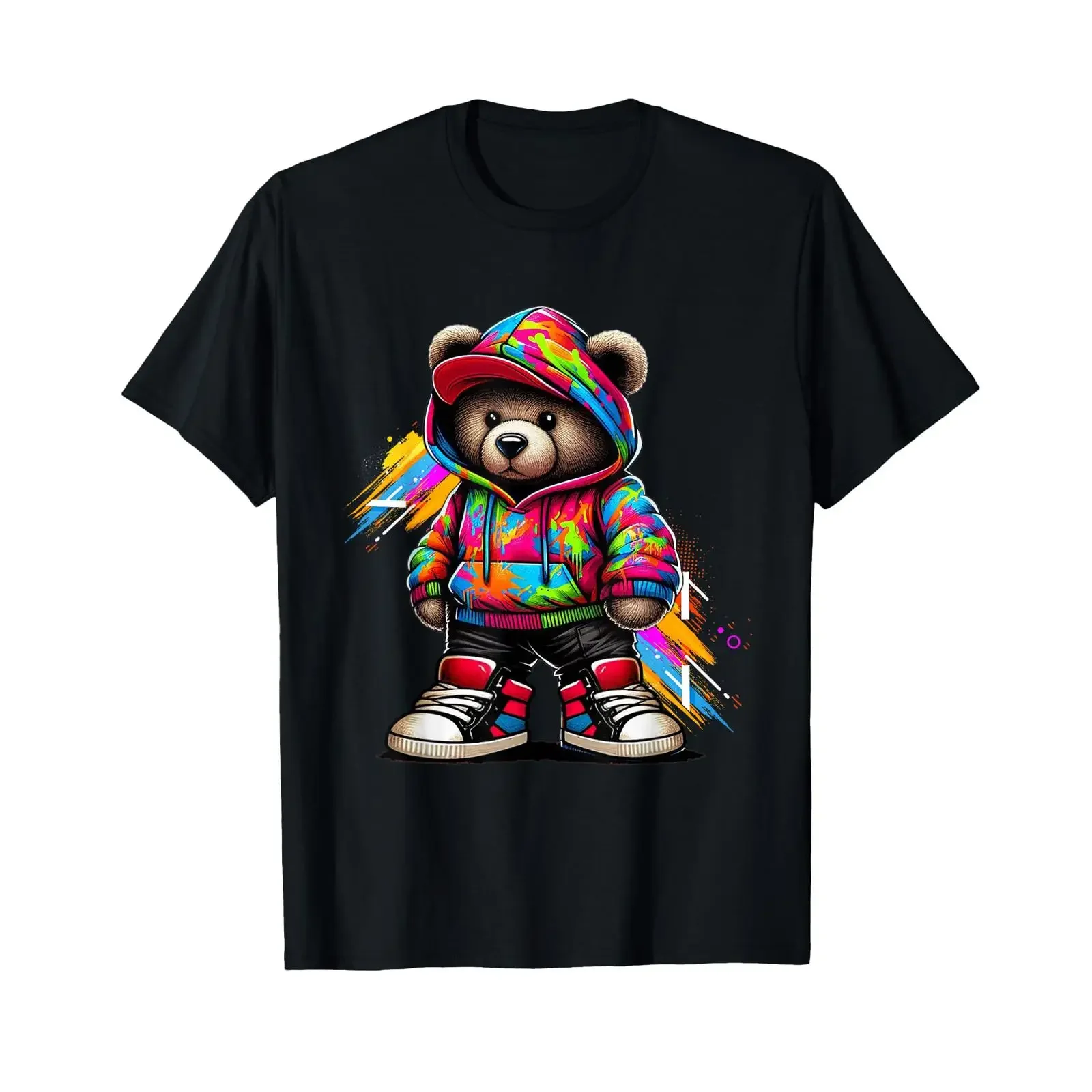 Colourful Hip Hop Teddy Bear Urban Rap Music Breakdance T Shirt vintage Washed Casual Soft designer clothes graphic Stretched
