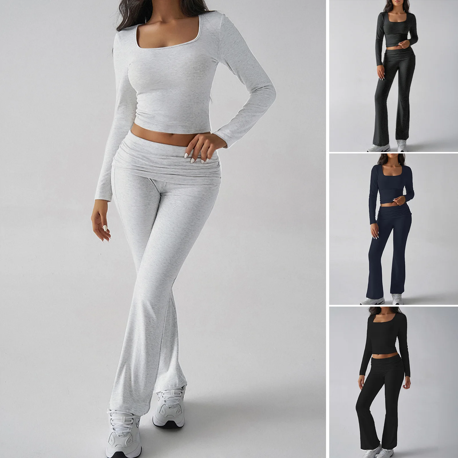 

Women's Casual Knitted Long Sve Yoga Clothes Two-Piece Pure Color Top Bot Set Comfortable Breathable Autumn Wear