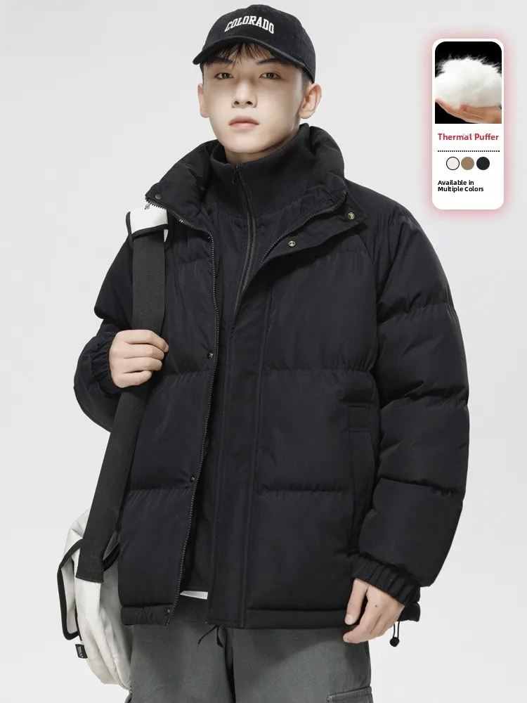 

Men's Thiened Warm Stand Collar Bread Coat Couple's Fake Two-Piece Outerwear Cotton Jaet Loose Fit Long Sve Zipper