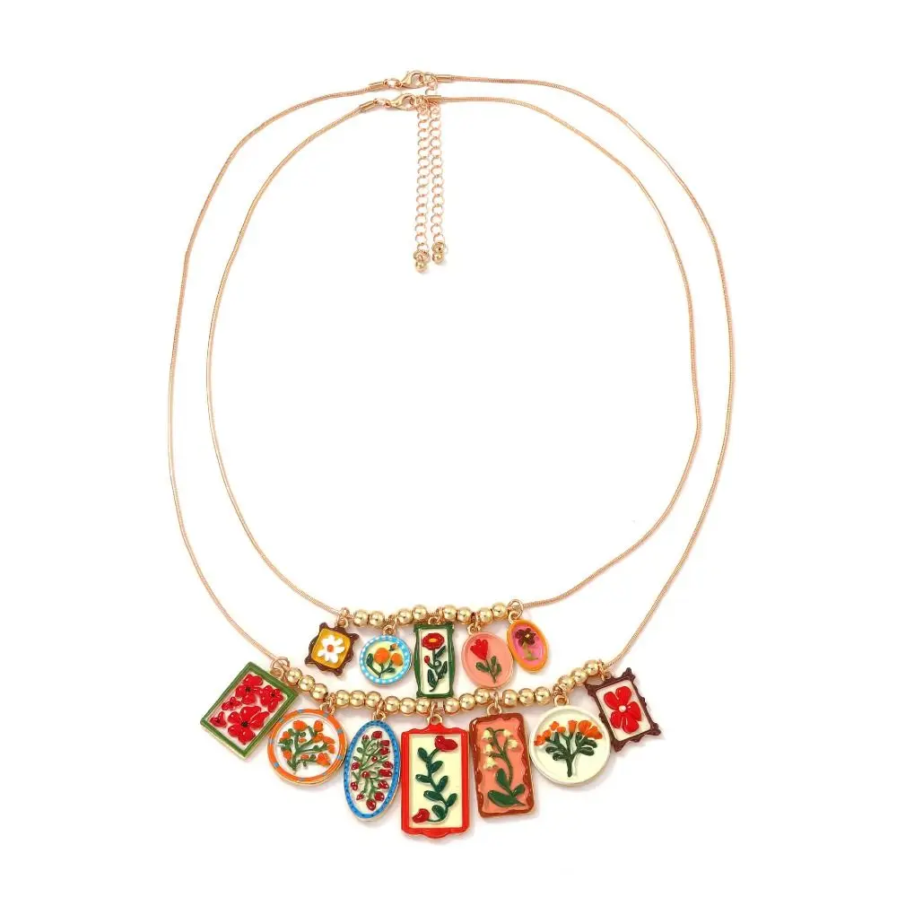 Fashion Metal Chain Enamel Floral Necklace Layered Gold Multi Layer Choker Personalized Vintage Bohemian Collarbone Chain Girls