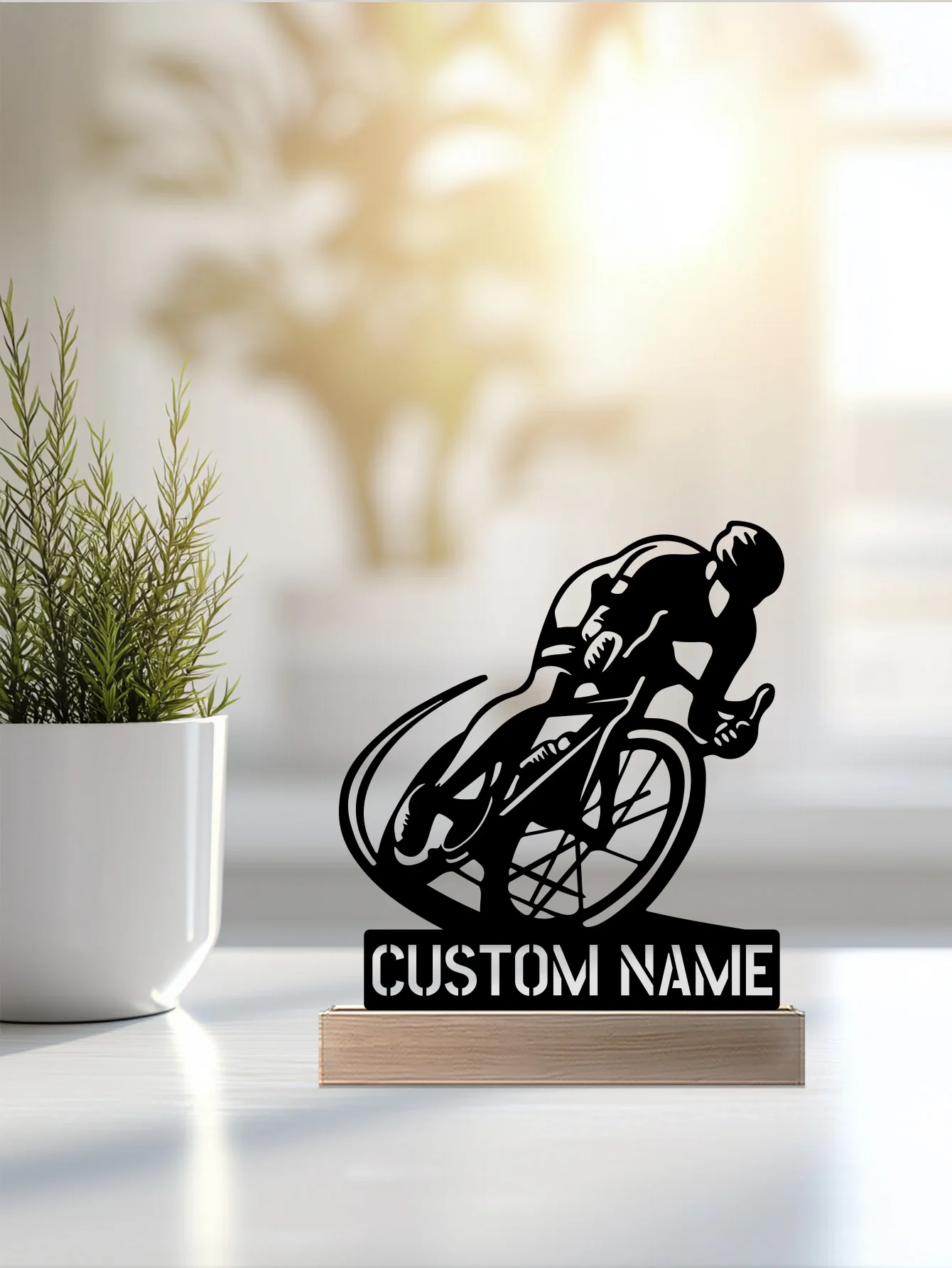 รูปปั้นจักรยานทันสมัยแบบเฉียง 1 ชิ้น พร้อมฐานไม้ งานโลหะสั่งทำพิเศษ ประดับตกแต่งด้วยเหล็กและงานฝีมือจากโลหะดีบุก พร้อมฐานไม้