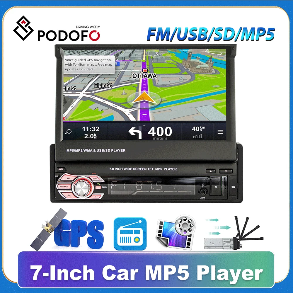 

Podofo 1 din Car Radio Autoradio GPS Navigation Car Stereo HD Touch Digital Screen BT FM USB AUX MP5 Support Rear View Camera