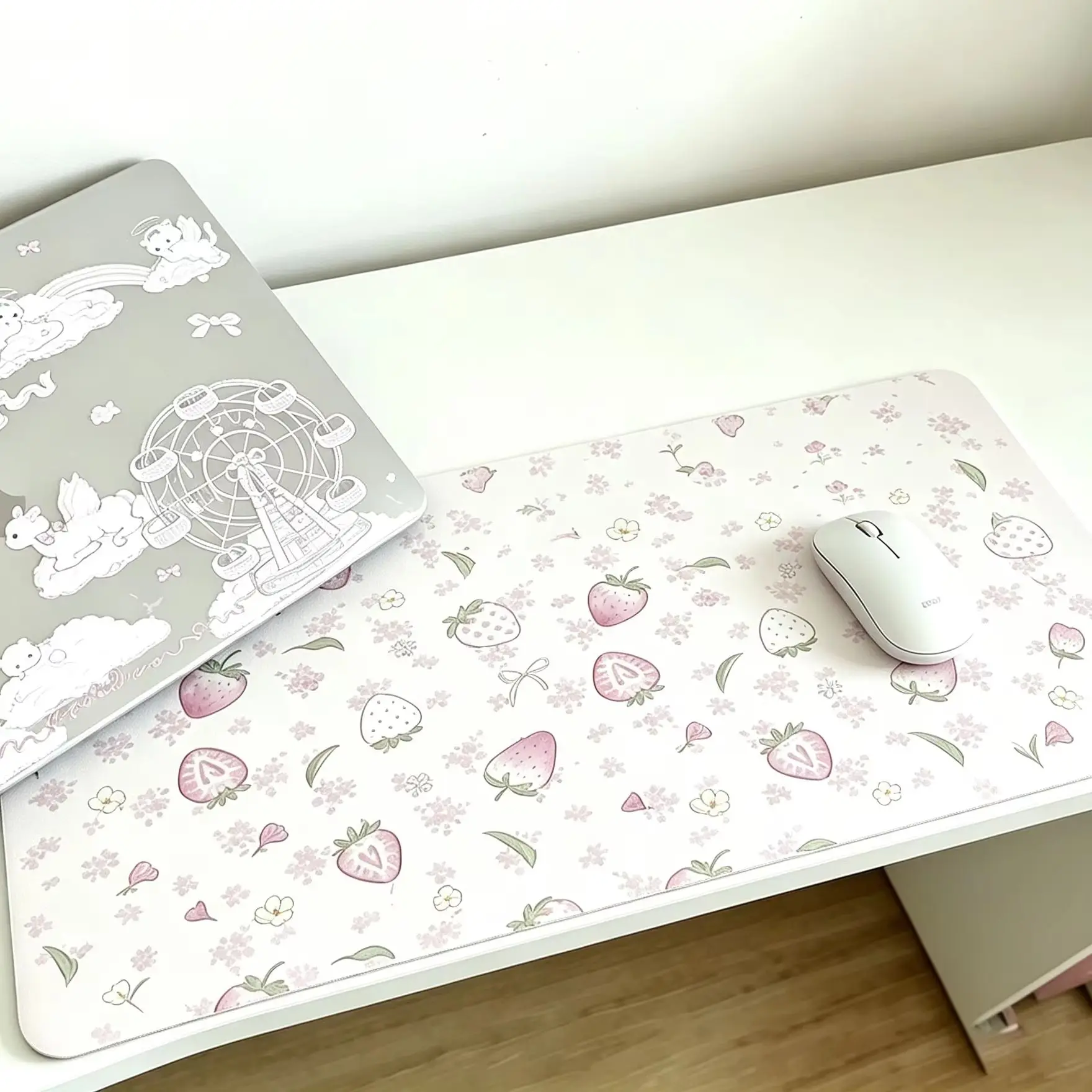 Leather Desk Pad Protector Y2k Pink Full Screen Strawberry Flower INS Mouse Pad Office Desk Mat Non-Slip PU Desk Blotter Pad