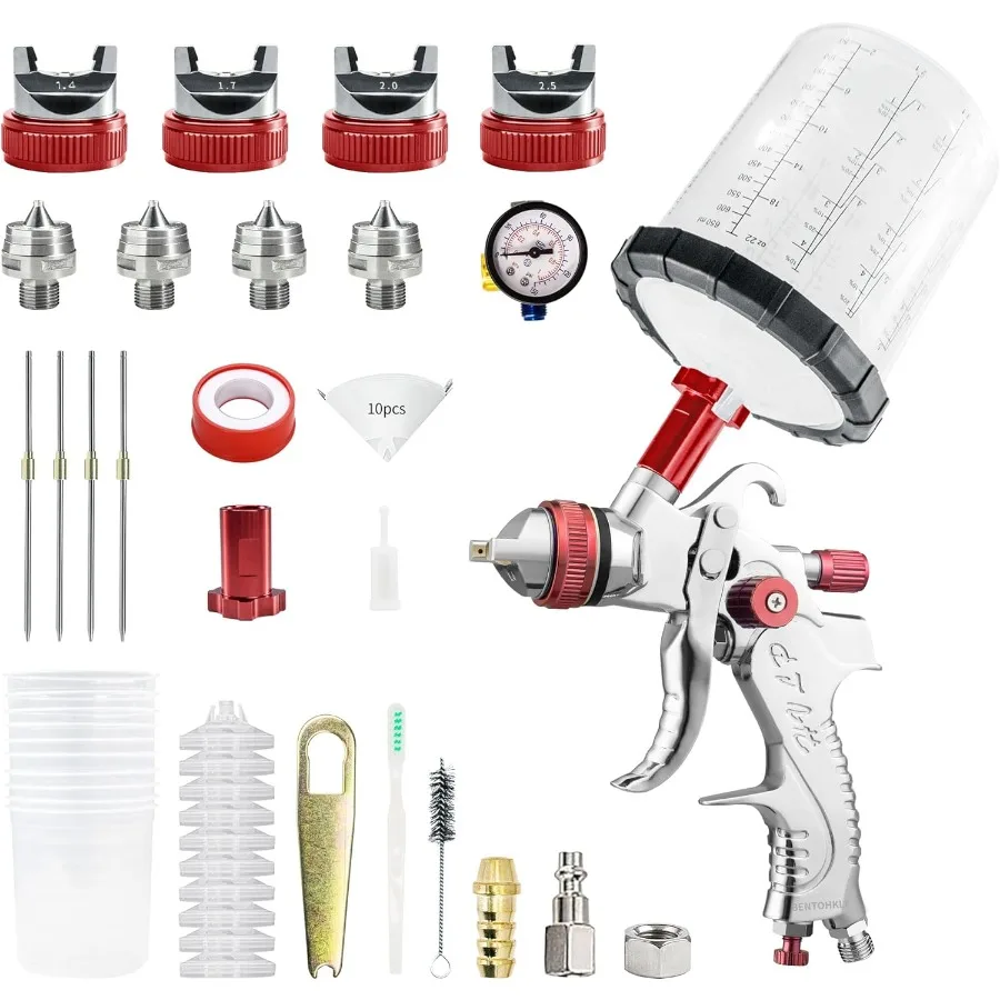 مسدس رش الهواء HVLP Gravity Fed مع فوهات 1.4 1.7 2.0 2.5 مم وأكواب طلاء للاستعمال مرة واحدة 650 مل لتطهير السيارات وH