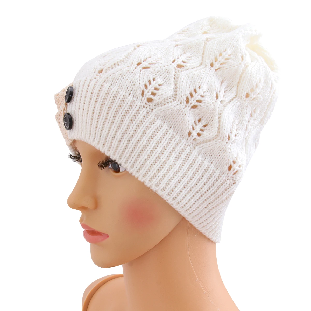 

Thermal Hats Modern Knitting White Leaves Hollow Out Lace Leaves Hollow Out Hat Button Cap Winter Warm Lightweight