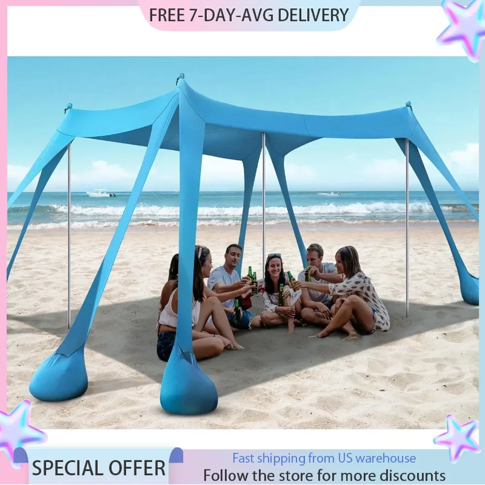 Canopy,Beach Tent, Beach Canopy UPF50+ UV Protection, 10x10ft Beach Shade Sun Shelter with 8 Sandbags, Sand Shovels, Ground Pegs