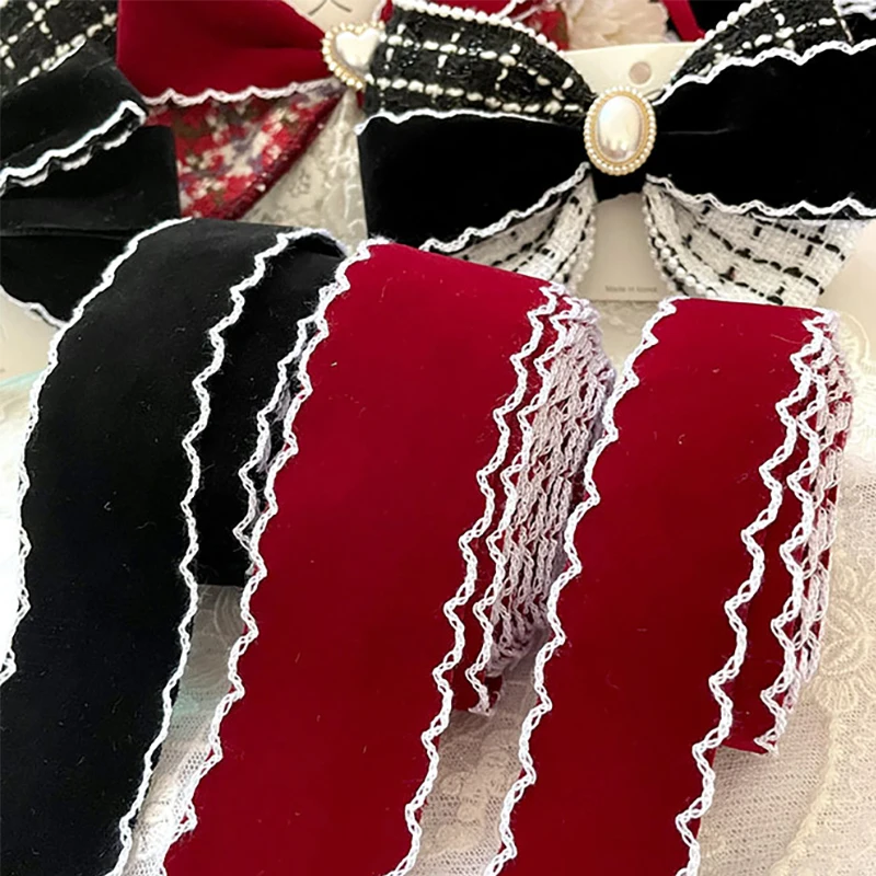 4cm 3cm Black Red Velvet Embroidery Ribbon Tape Handmade Hair Bows Earring Material Collar Cloth Sewing Lace Trim And Appliques