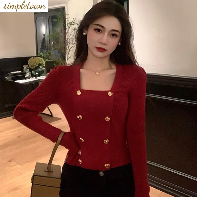 Temperament Red Knitted Sweater Autumn/Winter Korean Edition New Top Fashion Square Neck Knitted Sweater