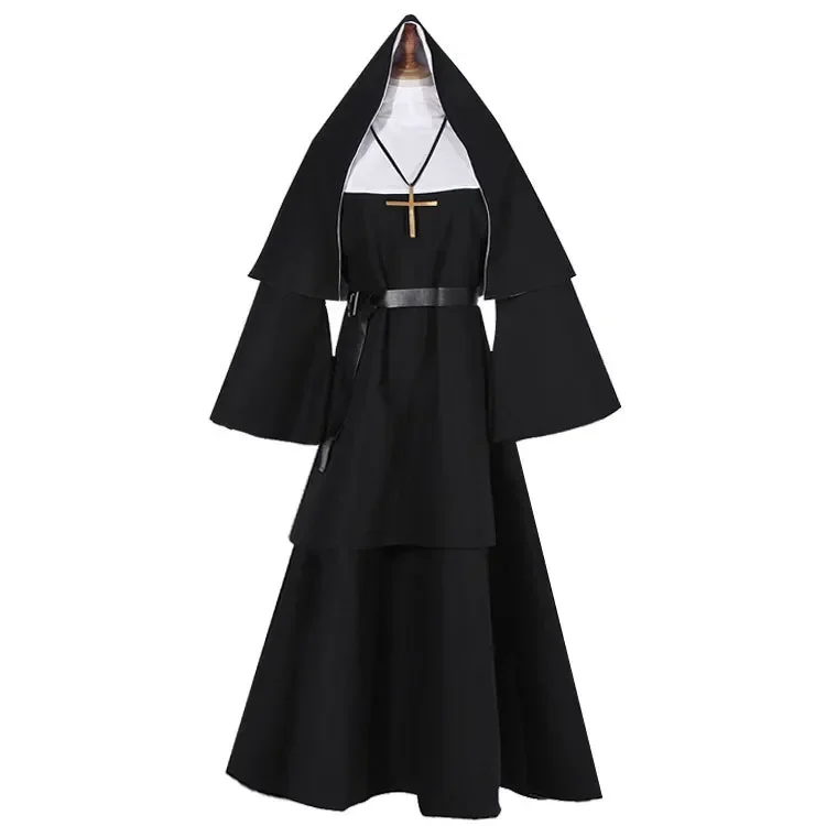 Halloween Nun Cosplay CostumeTraditional Adult Valak Black Religious Robe Suit Halloween Party Demon  Performance Clothes